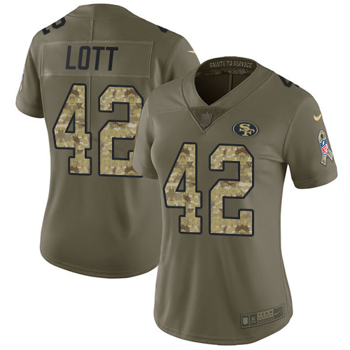 Nike 49ers #42 Ronnie Lott Olive/Camo Women's Stitched NFL Limited Salute to Service Jersey